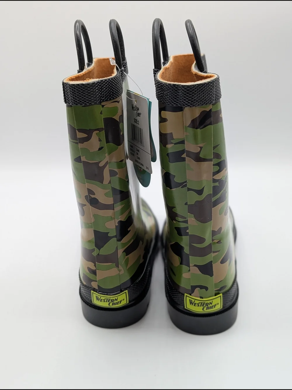 Western Chief Little Kids' 2 Green Camo Rain Waterproof Boots Pull On Handles